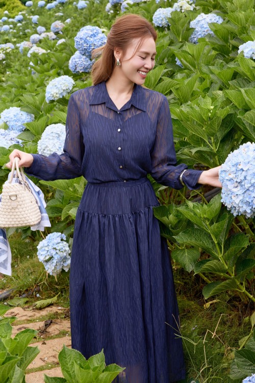 Sixdo Dark Navy Organza Flared Skirt